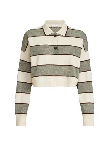 Brunello Cucinelli Women's Virgin Wool, Cashmere and Linen Cropped Knit Polo - Sage | Thumbnail 1 Brunello Cucinelli Women's Virgin Wool, Cashmere and Linen Cropped Knit Polo - Sage | Thumbnail 1