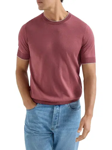 Brunello Cucinelli Men's Cotton Lightweight Knit T-Shirt with Contrast Details - Coral | Thumbnail 2 Brunello Cucinelli Men's Cotton Lightweight Knit T-Shirt with Contrast Details - Coral | Thumbnail 2