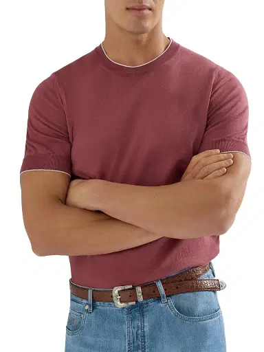 Brunello Cucinelli Men's Cotton Lightweight Knit T-Shirt with Contrast Details - Coral | Thumbnail 3 Brunello Cucinelli Men's Cotton Lightweight Knit T-Shirt with Contrast Details - Coral | Thumbnail 3