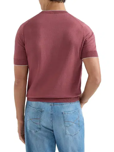 Brunello Cucinelli Men's Cotton Lightweight Knit T-Shirt with Contrast Details - Coral | Thumbnail 4 Brunello Cucinelli Men's Cotton Lightweight Knit T-Shirt with Contrast Details - Coral | Thumbnail 4