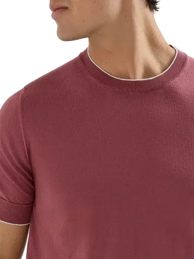Brunello Cucinelli Men's Cotton Lightweight Knit T-Shirt with Contrast Details - Coral | Thumbnail 5 Brunello Cucinelli Men's Cotton Lightweight Knit T-Shirt with Contrast Details - Coral | Thumbnail 5