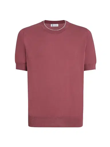 Brunello Cucinelli Men's Cotton Lightweight Knit T-Shirt with Contrast Details - Coral | Thumbnail 1 Brunello Cucinelli Men's Cotton Lightweight Knit T-Shirt with Contrast Details - Coral | Thumbnail 1
