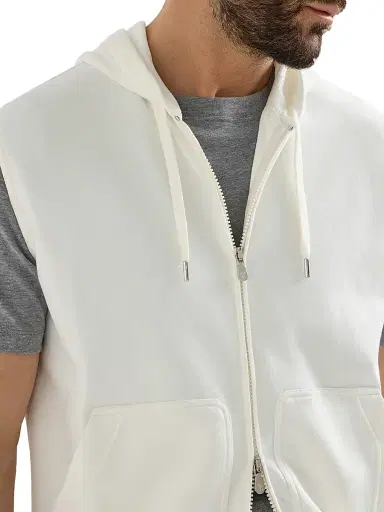 Brunello Cucinelli Men's Techno Cotton French Terry Sleeveless Sweatshirt with Zipper and Hood - Off White | Thumbnail 4 Brunello Cucinelli Men's Techno Cotton French Terry Sleeveless Sweatshirt with Zipper and Hood - Off White | Thumbnail 4