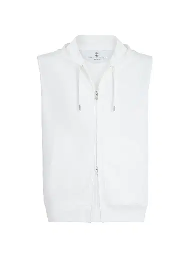 Brunello Cucinelli Men's Techno Cotton French Terry Sleeveless Sweatshirt with Zipper and Hood - Off White | Thumbnail 1 Brunello Cucinelli Men's Techno Cotton French Terry Sleeveless Sweatshirt with Zipper and Hood - Off White | Thumbnail 1