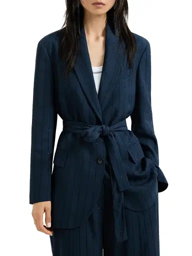 Brunello Cucinelli Women's Dazzling Chalk Stripe Blazer with Monili - Blue | Thumbnail 2 Brunello Cucinelli Women's Dazzling Chalk Stripe Blazer with Monili - Blue | Thumbnail 2