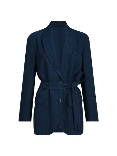 Brunello Cucinelli Women's Dazzling Chalk Stripe Blazer with Monili - Blue | Thumbnail 1 Brunello Cucinelli Women's Dazzling Chalk Stripe Blazer with Monili - Blue | Thumbnail 1