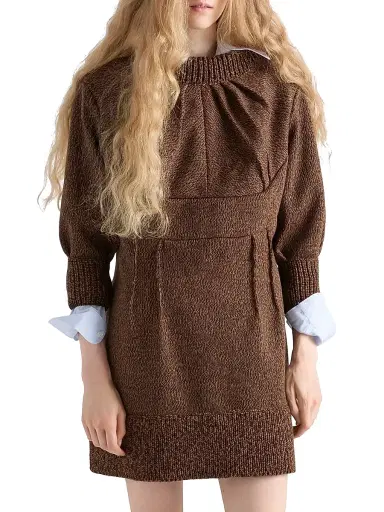 Prada Women's Mouliné Wool Mini Dress - Brown | Thumbnail 2 Prada Women's Mouliné Wool Mini Dress - Brown | Thumbnail 2