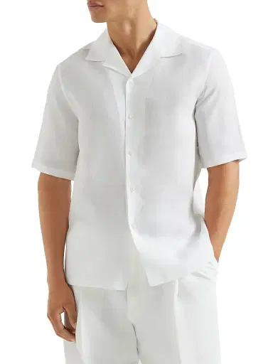 Brunello Cucinelli Men's Linen Easy Fit Short Sleeve Shirt with Camp Collar | Thumbnail 2 Brunello Cucinelli Men's Linen Easy Fit Short Sleeve Shirt with Camp Collar | Thumbnail 2