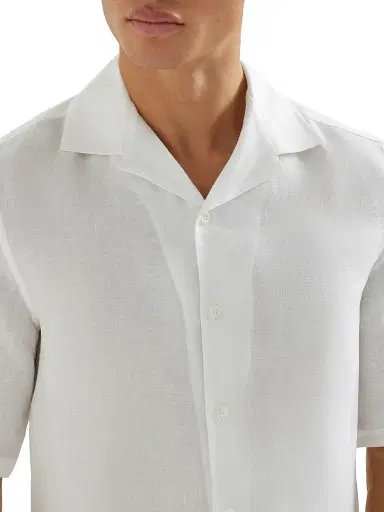 Brunello Cucinelli Men's Linen Easy Fit Short Sleeve Shirt with Camp Collar | Thumbnail 4 Brunello Cucinelli Men's Linen Easy Fit Short Sleeve Shirt with Camp Collar | Thumbnail 4