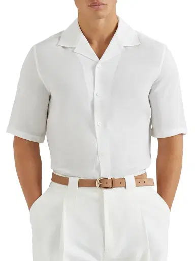 Brunello Cucinelli Men's Linen Easy Fit Short Sleeve Shirt with Camp Collar | Thumbnail 5 Brunello Cucinelli Men's Linen Easy Fit Short Sleeve Shirt with Camp Collar | Thumbnail 5