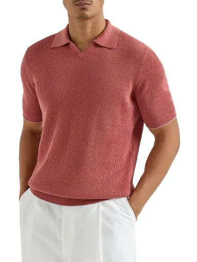 Brunello Cucinelli Men's Cotton English Rib Knit Polo Shirt - Orange | Thumbnail 2 Brunello Cucinelli Men's Cotton English Rib Knit Polo Shirt - Orange | Thumbnail 2