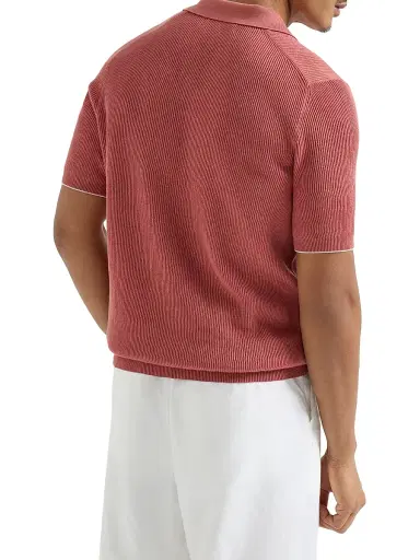 Brunello Cucinelli Men's Cotton English Rib Knit Polo Shirt - Orange | Thumbnail 3 Brunello Cucinelli Men's Cotton English Rib Knit Polo Shirt - Orange | Thumbnail 3