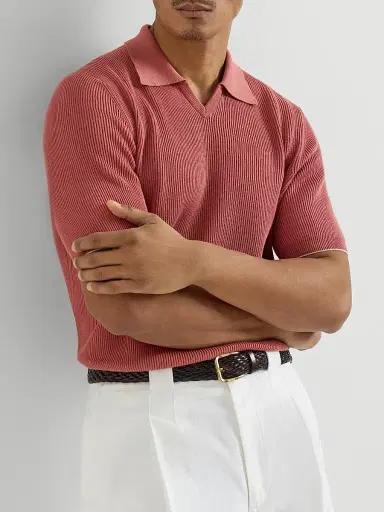Brunello Cucinelli Men's Cotton English Rib Knit Polo Shirt - Orange | Thumbnail 5 Brunello Cucinelli Men's Cotton English Rib Knit Polo Shirt - Orange | Thumbnail 5
