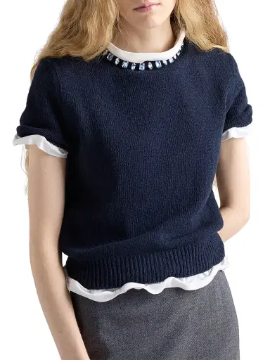 Prada Women's Wool and Cashmere Crew-Neck Sweater - Blue | Thumbnail 3 Prada Women's Wool and Cashmere Crew-Neck Sweater - Blue | Thumbnail 3