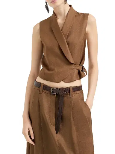 Brunello Cucinelli Women's Linen Diagonal Vest with Monili | Thumbnail 2 Brunello Cucinelli Women's Linen Diagonal Vest with Monili | Thumbnail 2
