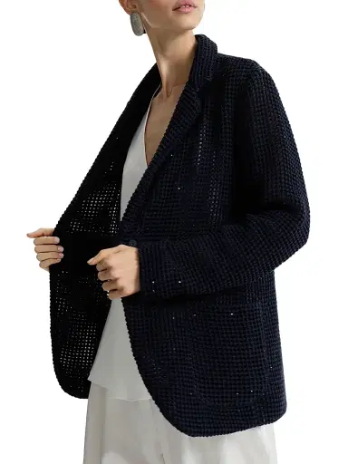 Brunello Cucinelli Women's Cotton Diamond Yarn Net Knit Blazer - Blue | Thumbnail 4 Brunello Cucinelli Women's Cotton Diamond Yarn Net Knit Blazer - Blue | Thumbnail 4