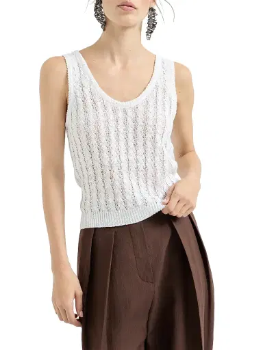 Brunello Cucinelli Women's Linen Dazzling Cable Openwork Knit Top - White | Thumbnail 2 Brunello Cucinelli Women's Linen Dazzling Cable Openwork Knit Top - White | Thumbnail 2