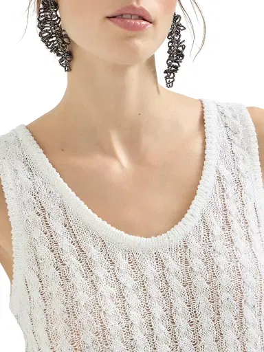 Brunello Cucinelli Women's Linen Dazzling Cable Openwork Knit Top - White | Thumbnail 4 Brunello Cucinelli Women's Linen Dazzling Cable Openwork Knit Top - White | Thumbnail 4