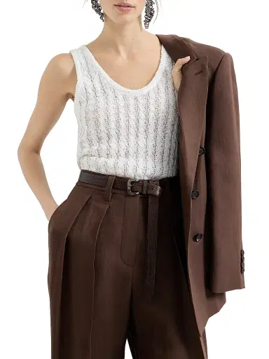 Brunello Cucinelli Women's Linen Dazzling Cable Openwork Knit Top - White | Thumbnail 5 Brunello Cucinelli Women's Linen Dazzling Cable Openwork Knit Top - White | Thumbnail 5