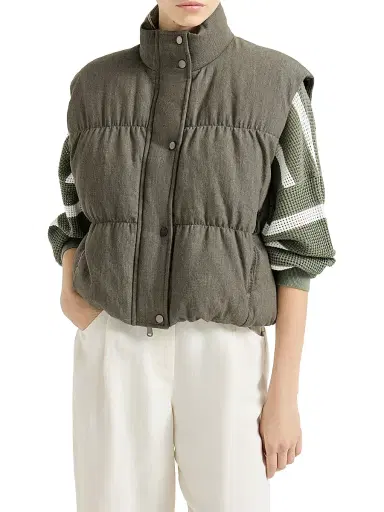 Brunello Cucinelli Women's Cotton Denim Effect Twill Down Vest with Monili - Olive | Thumbnail 2 Brunello Cucinelli Women's Cotton Denim Effect Twill Down Vest with Monili - Olive | Thumbnail 2