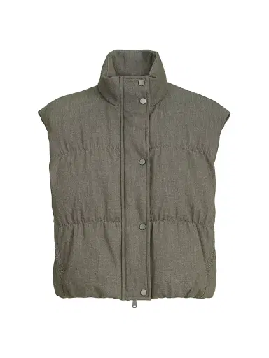 Brunello Cucinelli Women's Cotton Denim Effect Twill Down Vest with Monili - Olive | Thumbnail 1 Brunello Cucinelli Women's Cotton Denim Effect Twill Down Vest with Monili - Olive | Thumbnail 1
