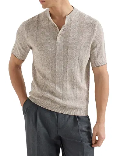 Brunello Cucinelli Men's Linen and Cotton Textured Rib Knit T-Shirt with Henley Collar - Sand | Thumbnail 2 Brunello Cucinelli Men's Linen and Cotton Textured Rib Knit T-Shirt with Henley Collar - Sand | Thumbnail 2