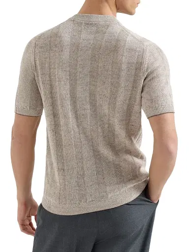 Brunello Cucinelli Men's Linen and Cotton Textured Rib Knit T-Shirt with Henley Collar - Sand | Thumbnail 3 Brunello Cucinelli Men's Linen and Cotton Textured Rib Knit T-Shirt with Henley Collar - Sand | Thumbnail 3