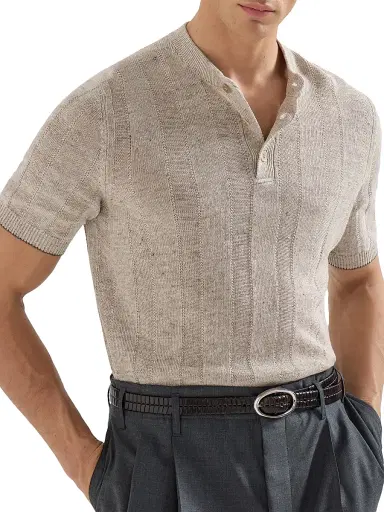 Brunello Cucinelli Men's Linen and Cotton Textured Rib Knit T-Shirt with Henley Collar - Sand | Thumbnail 4 Brunello Cucinelli Men's Linen and Cotton Textured Rib Knit T-Shirt with Henley Collar - Sand | Thumbnail 4