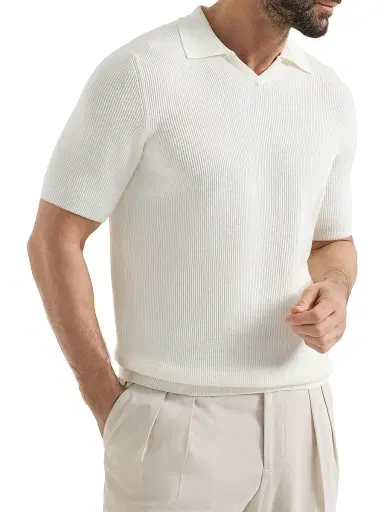 Brunello Cucinelli Men's Cotton English Rib Knit Polo Shirt | Thumbnail 2 Brunello Cucinelli Men's Cotton English Rib Knit Polo Shirt | Thumbnail 2