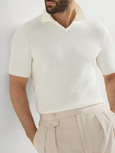 Brunello Cucinelli Men's Cotton English Rib Knit Polo Shirt | Thumbnail 5 Brunello Cucinelli Men's Cotton English Rib Knit Polo Shirt | Thumbnail 5