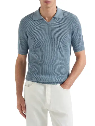 Brunello Cucinelli Men's Cotton English Rib Knit Polo Shirt | Thumbnail 2 Brunello Cucinelli Men's Cotton English Rib Knit Polo Shirt | Thumbnail 2