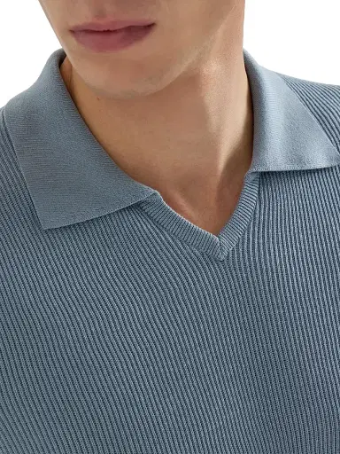 Brunello Cucinelli Men's Cotton English Rib Knit Polo Shirt | Thumbnail 4 Brunello Cucinelli Men's Cotton English Rib Knit Polo Shirt | Thumbnail 4