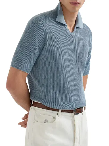 Brunello Cucinelli Men's Cotton English Rib Knit Polo Shirt | Thumbnail 5 Brunello Cucinelli Men's Cotton English Rib Knit Polo Shirt | Thumbnail 5
