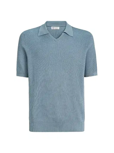 Brunello Cucinelli Men's Cotton English Rib Knit Polo Shirt | Thumbnail 1 Brunello Cucinelli Men's Cotton English Rib Knit Polo Shirt | Thumbnail 1