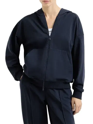 Brunello Cucinelli Women's Stretch Cotton Lightweight French Terry Hooded Sweatshirt - Blue | Thumbnail 2 Brunello Cucinelli Women's Stretch Cotton Lightweight French Terry Hooded Sweatshirt - Blue | Thumbnail 2