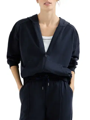 Brunello Cucinelli Women's Stretch Cotton Lightweight French Terry Hooded Sweatshirt - Blue | Thumbnail 5 Brunello Cucinelli Women's Stretch Cotton Lightweight French Terry Hooded Sweatshirt - Blue | Thumbnail 5