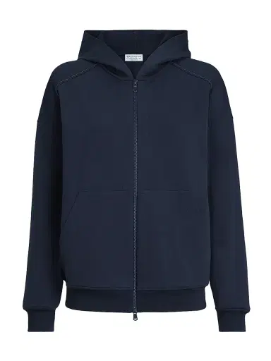 Brunello Cucinelli Women's Stretch Cotton Lightweight French Terry Hooded Sweatshirt - Blue | Thumbnail 1 Brunello Cucinelli Women's Stretch Cotton Lightweight French Terry Hooded Sweatshirt - Blue | Thumbnail 1