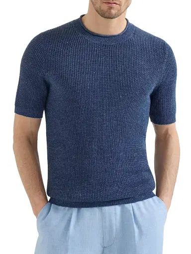 Brunello Cucinelli Men's Linen and Cotton Half English Rib Knit T-Shirt - Denim - Size 38 | Thumbnail 2 Brunello Cucinelli Men's Linen and Cotton Half English Rib Knit T-Shirt - Denim - Size 38 | Thumbnail 2