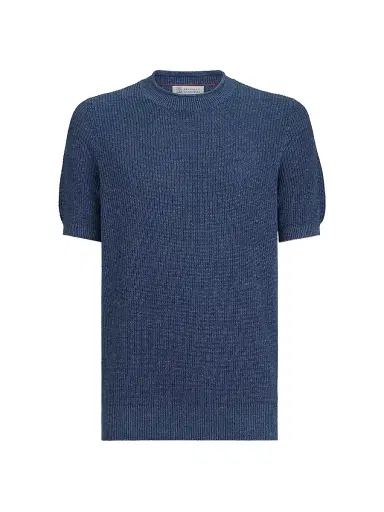 Brunello Cucinelli Men's Linen and Cotton Half English Rib Knit T-Shirt - Denim - Size 38 | Thumbnail 1 Brunello Cucinelli Men's Linen and Cotton Half English Rib Knit T-Shirt - Denim - Size 38 | Thumbnail 1