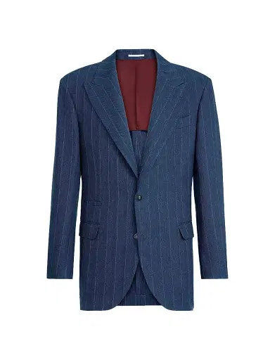 Brunello Cucinelli Men's Hemp and Silk Chalk Stripe Chevron Tailor Blazer with Peak Lapels - Blue | Thumbnail 2 Brunello Cucinelli Men's Hemp and Silk Chalk Stripe Chevron Tailor Blazer with Peak Lapels - Blue | Thumbnail 2