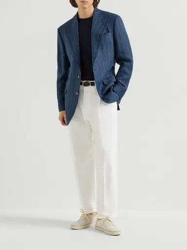 Brunello Cucinelli Men's Hemp and Silk Chalk Stripe Chevron Tailor Blazer with Peak Lapels - Blue | Thumbnail 6 Brunello Cucinelli Men's Hemp and Silk Chalk Stripe Chevron Tailor Blazer with Peak Lapels - Blue | Thumbnail 6
