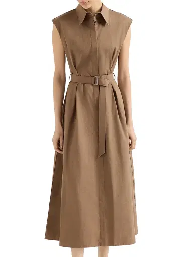 Brunello Cucinelli Women's Techno Cotton Texture Twill Belted Shirt Dress with Monili - Brown | Thumbnail 2 Brunello Cucinelli Women's Techno Cotton Texture Twill Belted Shirt Dress with Monili - Brown | Thumbnail 2