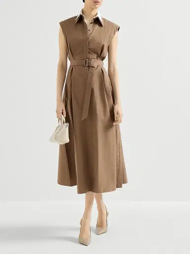 Brunello Cucinelli Women's Techno Cotton Texture Twill Belted Shirt Dress with Monili - Brown | Thumbnail 6 Brunello Cucinelli Women's Techno Cotton Texture Twill Belted Shirt Dress with Monili - Brown | Thumbnail 6