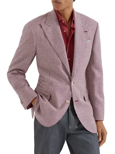 Brunello Cucinelli Men's Virgin Wool, Silk and Linen Houndstooth Tailor Blazer - Cherry - Size 40 | Thumbnail 1 Brunello Cucinelli Men's Virgin Wool, Silk and Linen Houndstooth Tailor Blazer - Cherry - Size 40 | Thumbnail 1
