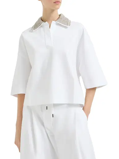 Brunello Cucinelli Women's Couture Interlock Polo Shirt with Sparkling Knit Collar | Thumbnail 2 Brunello Cucinelli Women's Couture Interlock Polo Shirt with Sparkling Knit Collar | Thumbnail 2