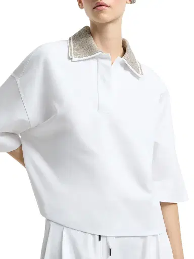 Brunello Cucinelli Women's Couture Interlock Polo Shirt with Sparkling Knit Collar | Thumbnail 4 Brunello Cucinelli Women's Couture Interlock Polo Shirt with Sparkling Knit Collar | Thumbnail 4