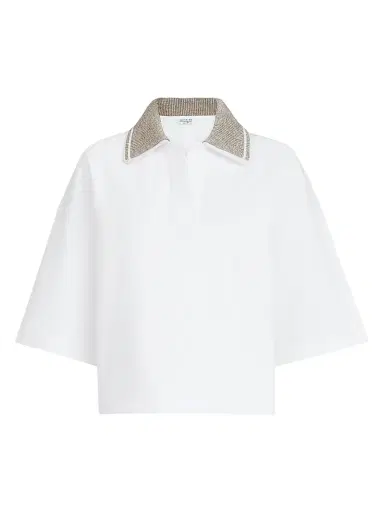 Brunello Cucinelli Women's Couture Interlock Polo Shirt with Sparkling Knit Collar | Thumbnail 1 Brunello Cucinelli Women's Couture Interlock Polo Shirt with Sparkling Knit Collar | Thumbnail 1