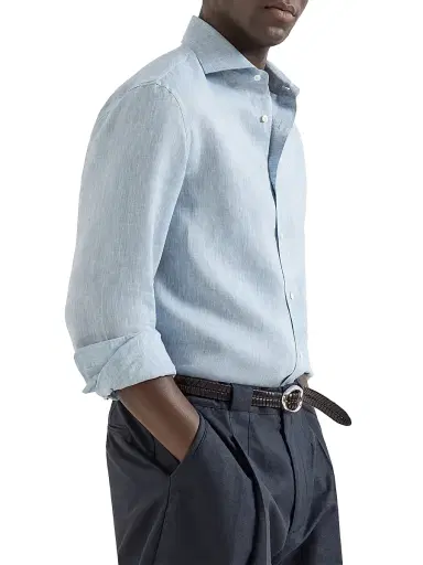 Brunello Cucinelli Men's Linen Easy Fit Shirt with Spread Collar | Thumbnail 5 Brunello Cucinelli Men's Linen Easy Fit Shirt with Spread Collar | Thumbnail 5