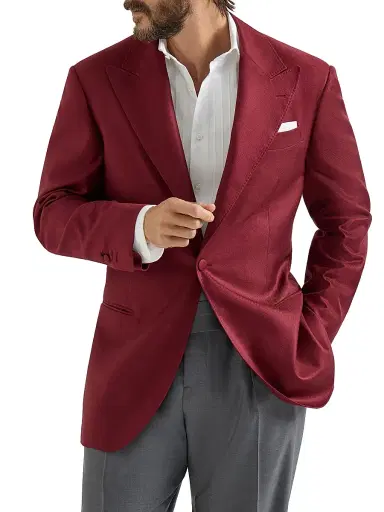 Brunello Cucinelli Men's Silk Diagonal Tuxedo Jacket with Peak Lapels - Cherry - Size 38 | Thumbnail 1 Brunello Cucinelli Men's Silk Diagonal Tuxedo Jacket with Peak Lapels - Cherry - Size 38 | Thumbnail 1