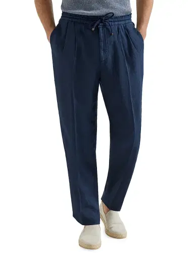 Brunello Cucinelli Men's Trousers in Linen Gabardine with Drawstring and Double Pleats | Thumbnail 2 Brunello Cucinelli Men's Trousers in Linen Gabardine with Drawstring and Double Pleats | Thumbnail 2